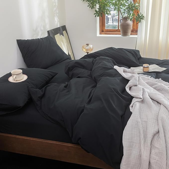 FOSSA Duvet Cover Set 100% Washed Cotton Linen Feel Super Soft Breathable Cozy 3 Pieces Bedding Sets Solid Black Full/Double