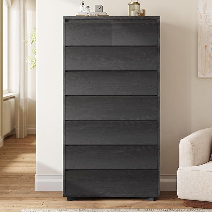 Black Tall Dresser for Bedroom, 61.1" Tall Dresser with 8 Drawers, Wood Dressers & Chests of Drawers, Accent Upright Drawer Organizers for Closet, Hallway