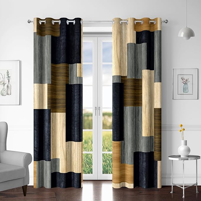 Wood Print Retro 100% Blackout Curtains for Bedroom 84 inch Long 2 Panels Set Modern Abstract Geometric Black Out Curtains Insulated Room Darkening Window Drapes for Living Room, 52Wx84L