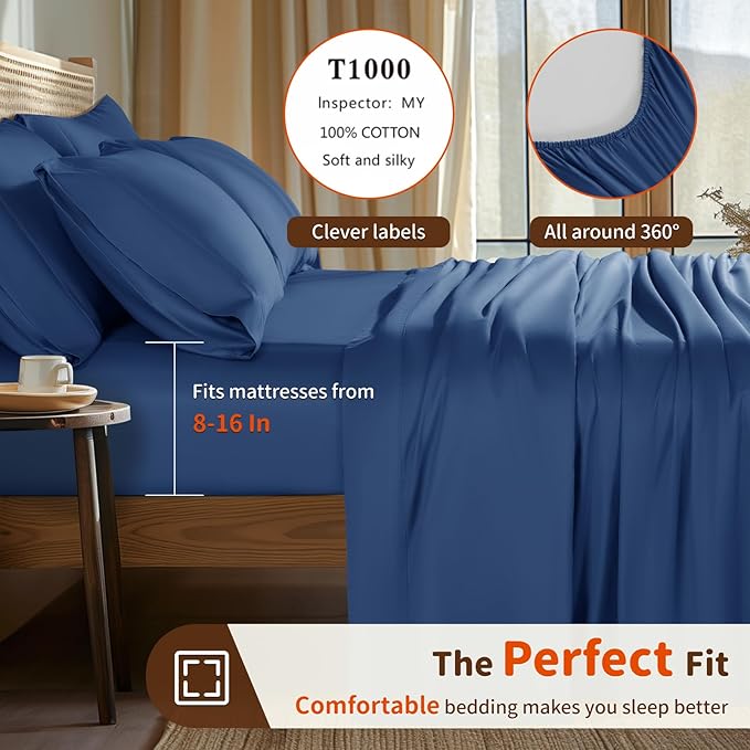 LBRO2M 1000 Thread Count 100% Egyptian Cotton Sheets Set 6 Piece Sets Queen Bed Sheet Deep Pocket Sheet Set 16" Soft Comfortable All Season (Queen, Navy Blue)