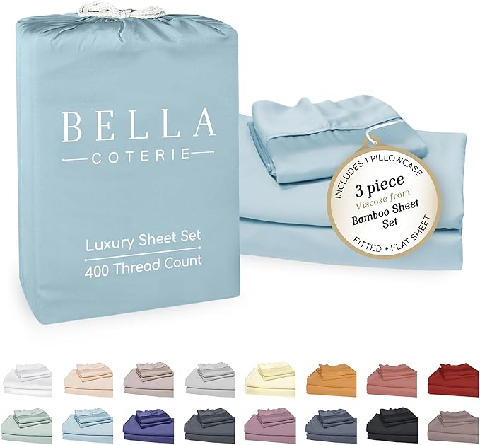 Bella Coterie Luxury Bamboo Viscose Twin Size Sheet Set | 100% Organically Grown | Ultra Soft | Cooling for Hot Sleepers | 18" Deep Pocket [Coastal Blue]