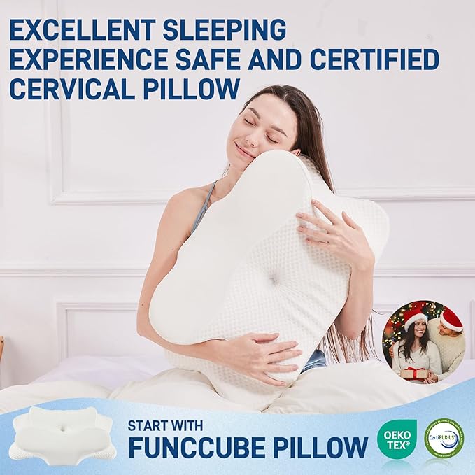 Cervical Neck Pillow for Sleeping, Dual Height Contour Memory Foam Pillow for Neck Pain Relief & Support, Orthopedic Butterfly Pillow for Side, Back & Stomach Sleepers – Cooling Washable Cover (white)