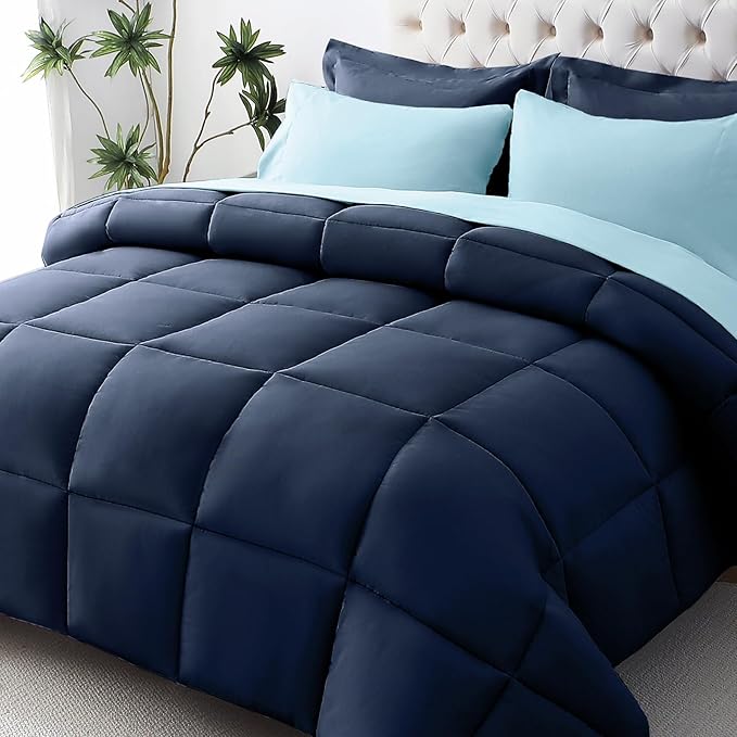 JOLLYVOGUE Twin Comforter Set, Ultra-Soft Bed in a Bag Twin Size 5 Pieces, Oeko-TEX Certified Bedding Set with Down Alternative Comforter, Sheets, Pillowcases & Shams, Navy & Light Blue