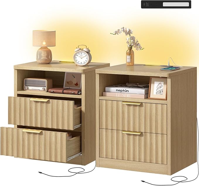 TEENFON Fluted Nightstands Set of 2, Night Stand with Charging Station and LED Light, Storage Drawer and Open Shelf, Modern Bedside Table for Small Space, for Bedroom, Natural