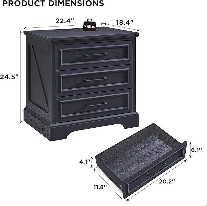 ACCOHOHO Farmhouse Nightstand with Charging Station, 22 Inch Wide End Table with 3 Large Drawers & Bar Handles, Rustic Wood Small Dresser Chest of Drawers for Bedroom, Living Room, Closet, Black