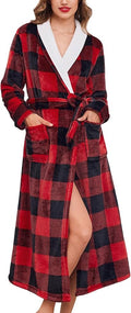 Ekouaer Women's Robe Long Plush Soft Bathrobe Jacquard Color Block Robes Shawl Collar Sleepwear with Pockets S-XXL