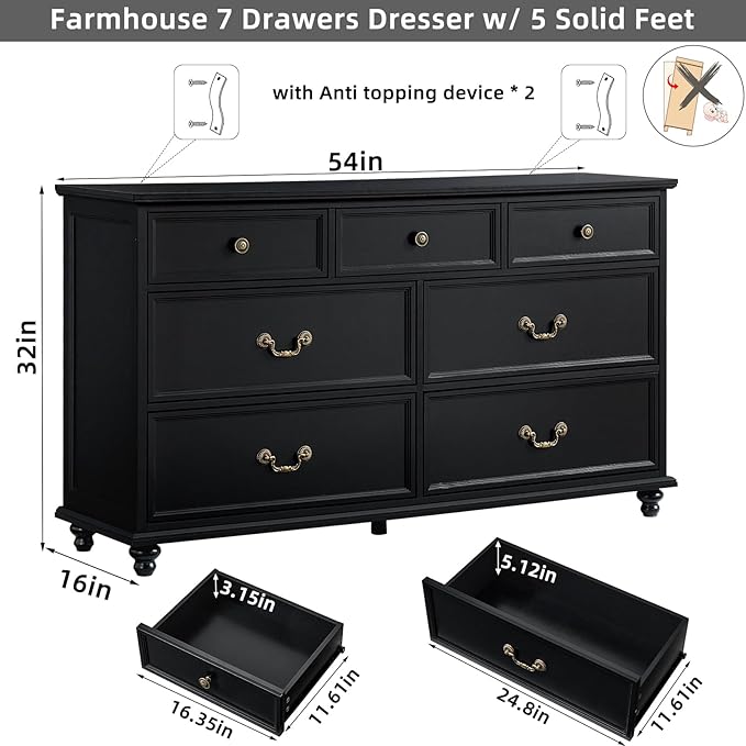 Farmhouse Dresser and Nightstand Sets 3 Piece, Nightstands Set of 2 and 7 Drawers for Bedroom, 54" Wide Dresser and 24" Inch Night Stand Set for Bedroom, Living Room, Hallway