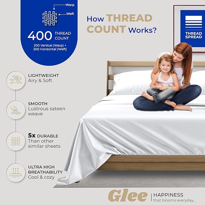 THREAD SPREAD 2-Pack Twin XL Sheet Sets Cotton - 400 Thread Count 100% Cotton Sateen Weave - Soft, Breathable, Hotel Quality Cooling Sheets, 2 Sets of Twin XL Size Deep Pocket Bed Sheets (White)