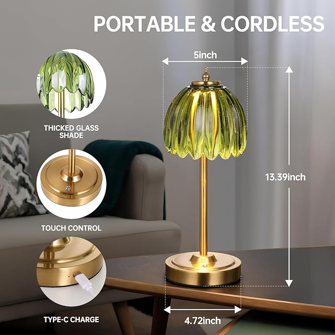 Tulip Table Lamp with 5000mAh Battery & Touch Control, Small Cordless Table Lamp with 3 Colors, Dimmable Rechargeable Battery Operated Table Lamps for Bedroom, Bedside, Desk (Green Tulip)
