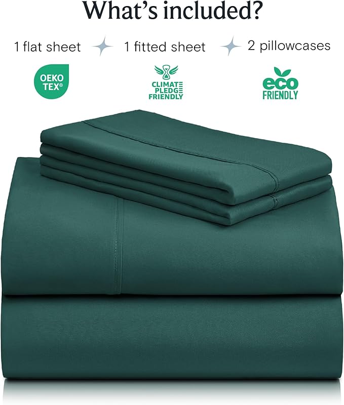 LuxClub 4 PC Queen Sheet Set, Deep Pockets Wrinkle Free Cooling Bed Sheets Hotel Bedding for Women, Men, Includes 1 Fitted Sheet, 1 Flat Sheet and 2 Pillowcases-Silky Soft Emerald