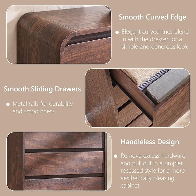 Modern 5 Drawers Dresser for Bedroom, 45" Tall Dressers & Chests of Drawers w/Curved Profile Design, Wood Mid Century Vertical Dresser w/Natural Texture for Bedroom, Living Room, Brown