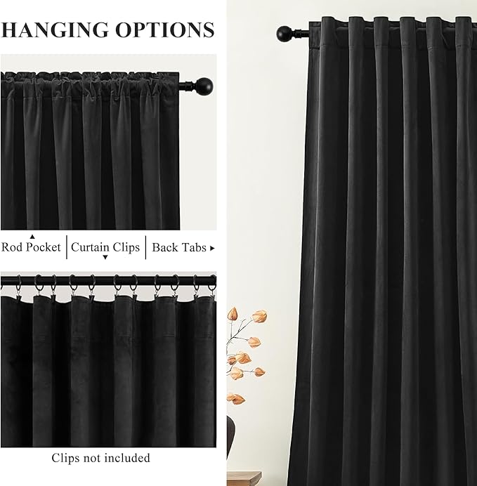 AUSSPVOCT Black Velvet Blackout Curtains 96 Inches for Bedroom, Light Reducing Thermal Curtain Elegant Soft Luxury Room Darkening Window Drapes for Living Room, Back Tab Rod Pocket, W52 x L96, 2 Pcs