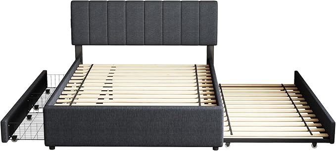 Full Size Upholstered Platform Bed with Trundle & 2 Drawers and 1 Sets of USB, Linen Fabric Full and Twin Double Bed w/LED Lights with APP for Bedroom,Dark Gray