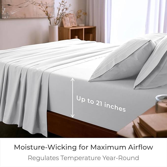 Mellanni Queen Sheet Set - 6-Piece Iconic Collection Bedding, (Including 4 Pillowcases), 21-Inch Extra Deep Pocket, Easy Care, Ultra Soft, Cooling Sheets, Brushed Microfiber - White