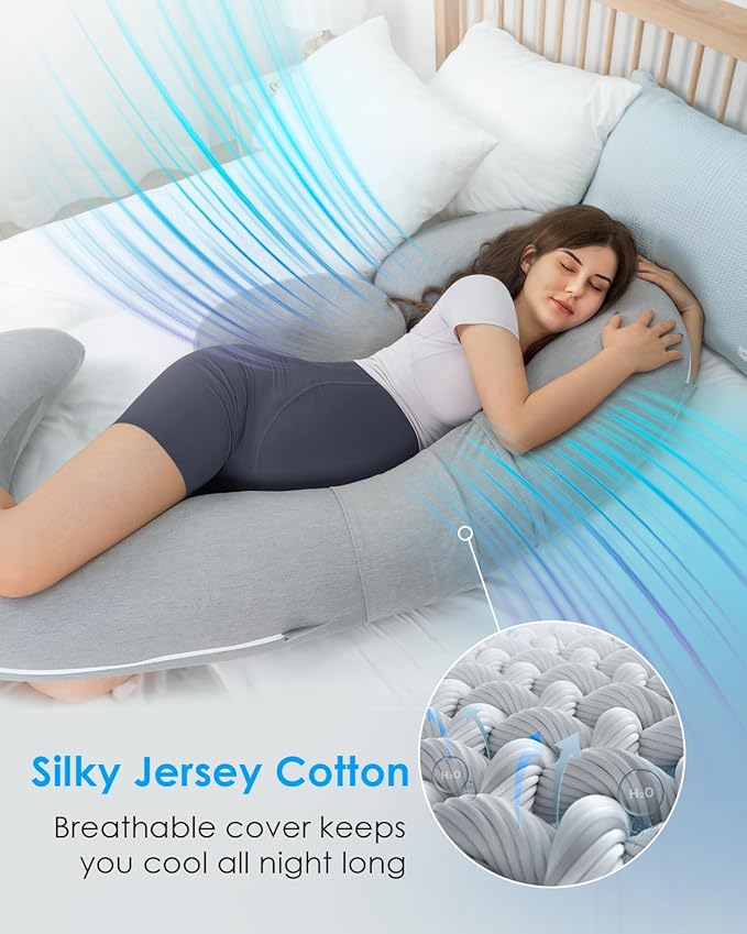 QUEEN ROSE Pregnancy Pillow, E Shaped Body Pillows for Sleeping Support, 60 Inch Maternity Pillow for Pregnant Women with Cooling Silky Cover, Grey