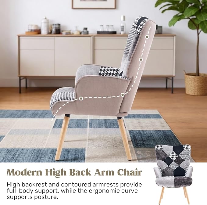 Joysoul Living Room Accent Chair Modern High Back Arm Chair, Houndstooth Pattern Bohemian Style Chairs for Bedroom Waiting Room