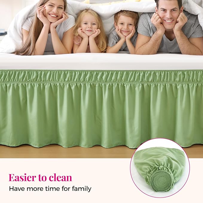 RIMELA Light Green Bed Skirt Full Size 15 Inch Drop, Elastic Bed Skirting for Adjustable Bed Base and Frame, Bedding Dust Ruffle Easy to Install, Hotel Quality Wrap Around Bedskirt