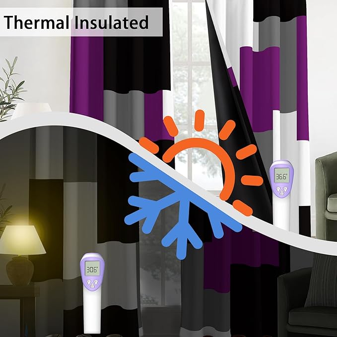 Purple 100% Blackout Curtains for Bedroom 108 inch Extra Long 2 Panels Set Black White Grey Modern Abstract Geometric Black Out Curtains Room Darkening Window Drapes for Living Room, 52Wx108L