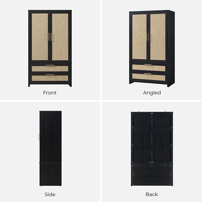 SICOTAS Rattan Armoire Wardrobe Closet Cabinet, 71" Wardrobe Storage Cabinet with Doors, 2 Drawers and Hanging Rod, Boho Large-Capacity Deep Armoire Clothes Organizer for Bedroom, Black Oak
