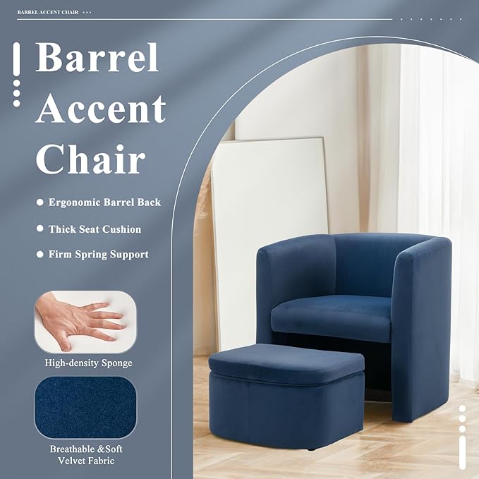 Mid-Century Velvet Living Room Chair with Storage Ottoman, Space-Saving Accent Chairs for Bedroom/Reading Spaces/Office, Blue