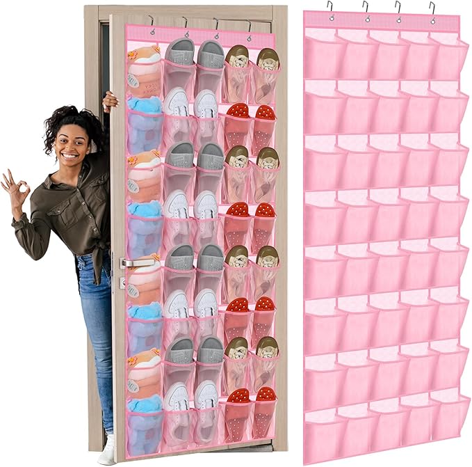 Windyun 40 Over the Door Shoe Organizer Large Breathable Mesh Pockets Pink Hanging Shoe Rack for Closet Behind Door Hanger Storage Holder Nonslip Hooks for Women Entryway Bedroom Utility Room