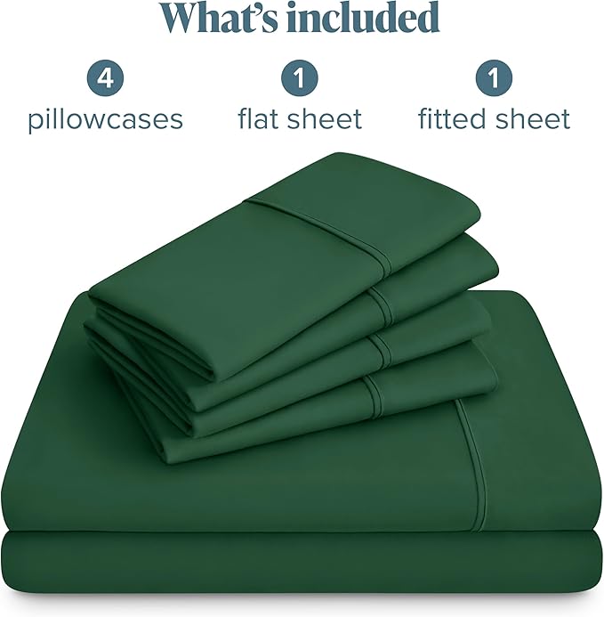Bare Home Hotel Luxury Queen Sheet Set, Extra Soft - 6 Piece Set - Deep Pockets - Easy Fit - Cooling & Breathable - Wrinkle, Fade, Stain Resistant - Includes 4 Pillowcases (Queen, Forest Green)
