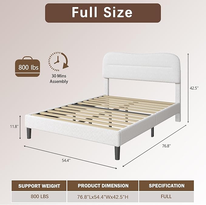 Full Size Bed Frame with Headboard, Teddy Soft Boucle Fabric Bed Frame Full, Soft Cloud Marshmallow Shape Upholstered Headboard, No Box Spring Needed, Noise Free (White)
