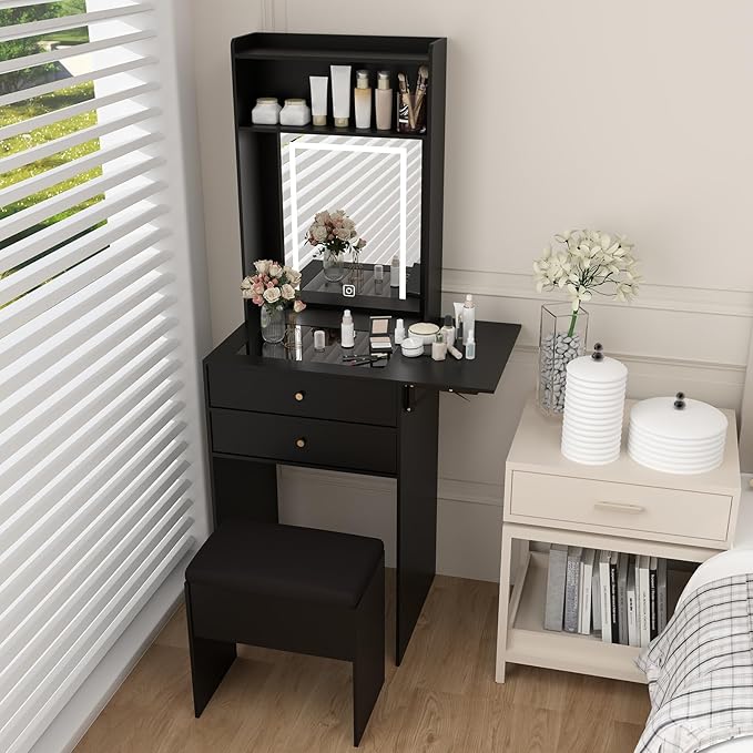 ARTETHYS Small Vanity Desk Set with 3 Adjustable Lighted Mirror and Storage Chair Mini Black Makeup Vanities Set for Bedroom Compact Make up Dressing Table with Fold-up Panel for Tiny Space