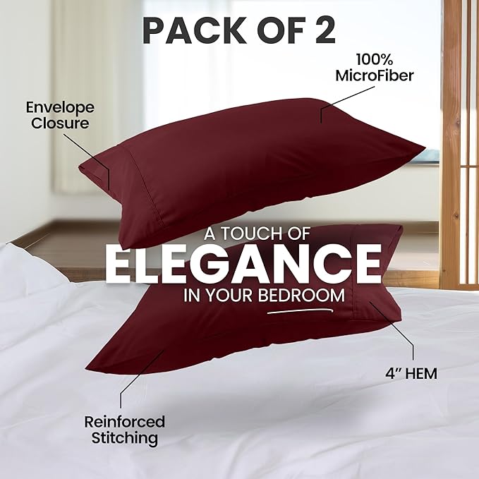 Pillow Covers by Utopia Bedding - Queen Size 2-Pack – Soft Brushed Microfiber – Perfect for Hospitals, Hotels, Guest Rooms – Oeko-TEX Certified, 20x30 Inches (Burgundy)