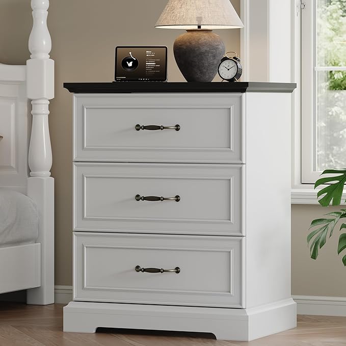 Farmhouse 3 Drawers Dresser for Bedroom, 24" Wide Modern Chest of Drawers with Deep Drawers & Bar Handles, Rustic Wood Nightstand, Wooden Closet Storage Organizer for Living Room, Hallway, White