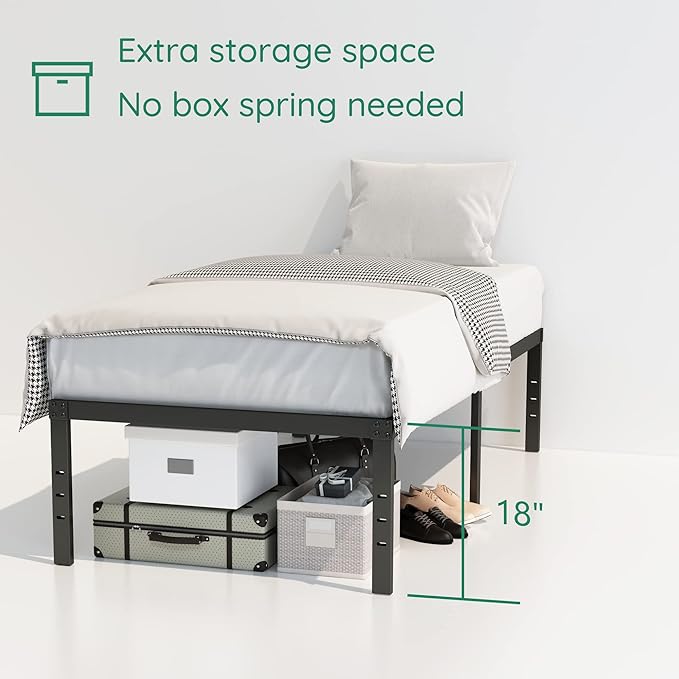 18 Inch Twin Bed Frame Heavy Duty No Box Spring Needed Metal Platform with Maximum Storage, Easy Assembly, Noise Free, Black