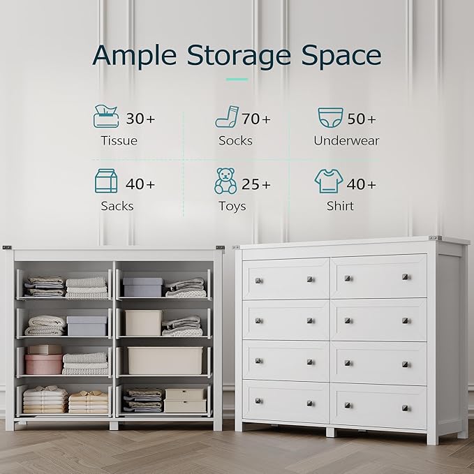 Dresser for Bedroom with 8 Drawers, Farmhouse Wood Chest of Drawers, Wide TV Stand Closet Storage Furniture with Metal Handle, Modern Clothes Organizer for Hallway, Living Room, Entryway, White