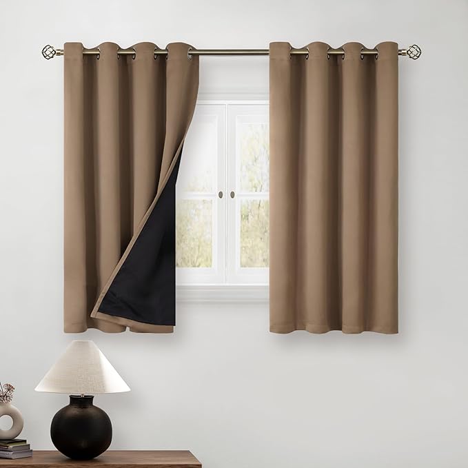 BGment Short 100% Blackout Curtains for Bedroom, Thermal Insulated Energy Efficiency Noise Reducing Grommet Curtains 54 Inch Length with Liner for Small Window 2 Panels Each 52 Inch Wide, Taupe