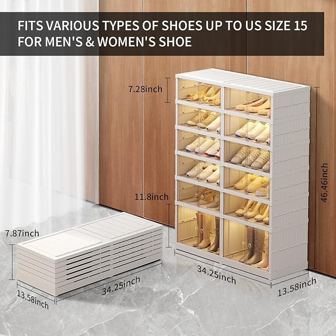 6-Tier Foldable Shoe Rack Organizer for Closet 24Pairs Plastic Shoe Shelf Collapsible Shoes Storage Box Clear Shoe Boxes Stackable with Door Easy Assembly Shoe Cabinet with Lids Large