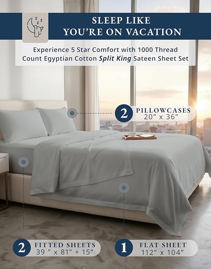 LANE LINEN 100% Egyptian Cotton Split King Sheets for Adjustable Beds - 1000 Thread Count, Sustainably Produced Luxury Hotel Like Thick Split King Bed Sheets, Machine Washable Cotton Sheets - Silver