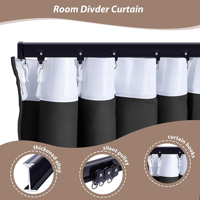 Room Divider Curtains with Ceiling Curtain Track Set Window Curtain for Bedroom,Living Room Total Blackout Thermal Insulated Privacy Ceiling Track Curtain W 9 × H 8 FT Beige drape&Black track
