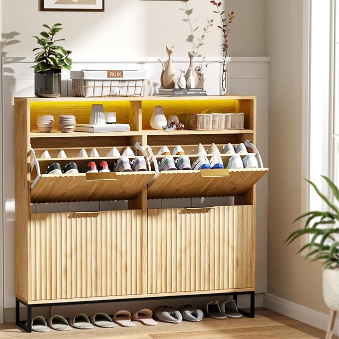 VINGLI Fluted Shoe Cabinet Storage for Entryway,Hidden Shoes Storage Cabinet with 4 Flip Drawers, Mid Century Modern Shoe Rack with LED Light,Shoes Organizer with Cubby for Hallway(Natural Oak)