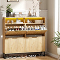 VINGLI Fluted Shoe Cabinet Storage for Entryway,Hidden Shoes Storage Cabinet with 4 Flip Drawers, Mid Century Modern Shoe Rack with LED Light,Shoes Organizer with Cubby for Hallway(Natural Oak)