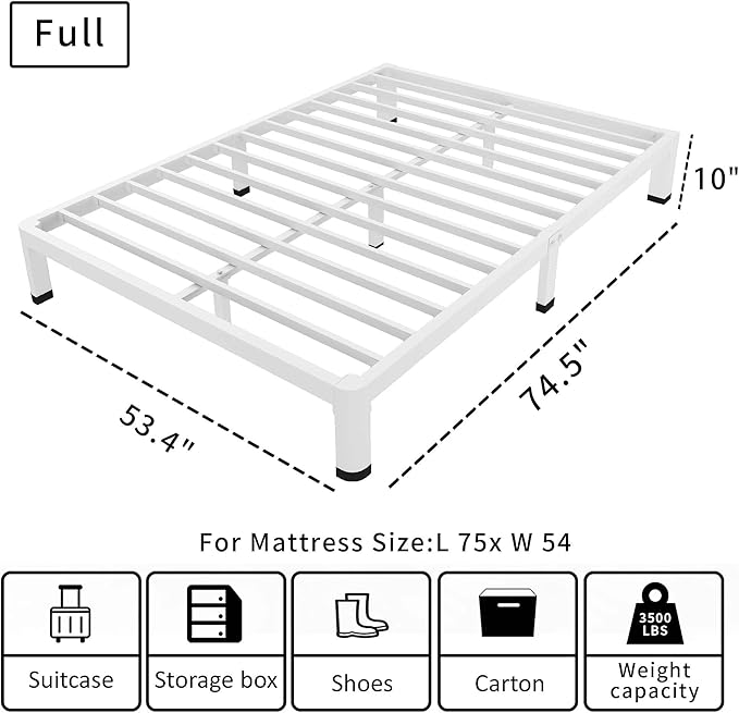 ROIL 10 Inch White Full Bed Frame with Rounded Corner and Mattress Retainers, 3500LBS Heavy Duty Steel Slats No Box Spring Needed Platform Noise-Free Easy Assembly