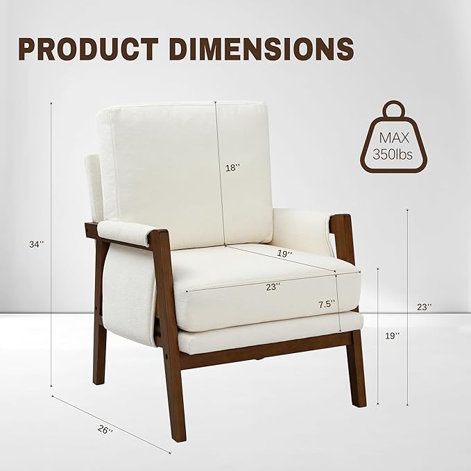 Accent Chairs for Living Room Set of 2, Modern Arm Chairs for Bedroom, Wooden Upholstered Mid Century Accent Chairs, Cream White