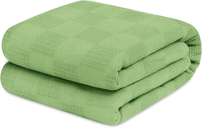 Avalon Bedding 100% Cotton Blankets Queen Size Thermal Blanket (90"x90") - Perfect Cotton Blanket Queen Size for Layering Bed in Any Season - Cotton Blankets for Bed (Green)