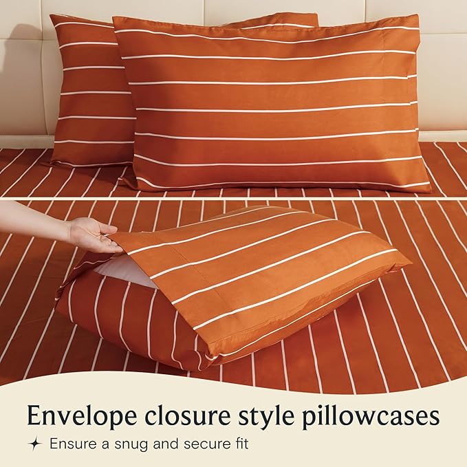 LuxClub 4 PC Sheet Set Bed Sheets Deep Pockets 16" Wrinkle Free Cooling Machine Washable Hotel Bedding Silky Soft - Striped-Autumn Orange California King