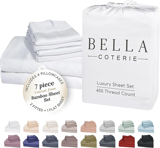 Bella Coterie 7 Piece Luxury Bamboo Viscose Split King Size Sheet Set | 2 Fitted Sheets for Adjustable Beds | 100% Organically Grown | Cooling for Hot Sleepers | 4 Pillowcases [White]