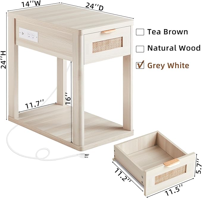 LEYAOYAO Narrow Side Table Set 2 with Charging Station,Rattan Night Stand with Drawer Storage,Natural Wood Bedside End Table with Metel Handle for Small Spaces,Boho Nightstand for Living Room Bedroom