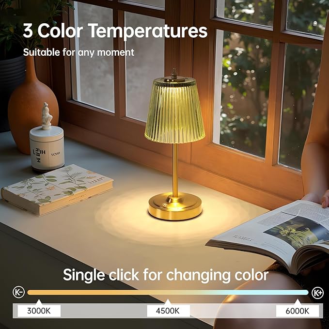 Small Table Lamp with 5200mAh Battery & Touch Control - 3 Adjustable Color Temperatures, Dimmable Rechargeable Table Lamps for Living Room, Bedroom, Bedside (Green Stripe)