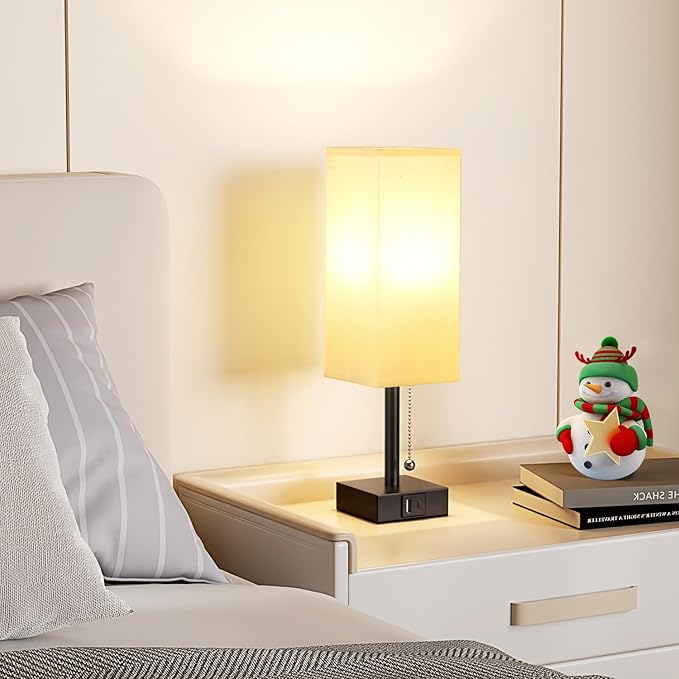 aooshine Bedside Table Lamps Set of 2 - Small White Bedroom Lamps with 3 Color Temperatures (3000K/5000K/4000K), Square Nightstand Lamp with USB C + A Charging Ports, Pull Chain Night Light