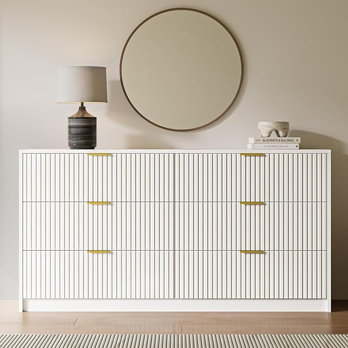 White 6 Drawer Dresser for Bedroom, 55" Wide Modern Chest of Drawers with Gold Metal Handles, Fluted Wood TV Stand for Living Room, Hallway