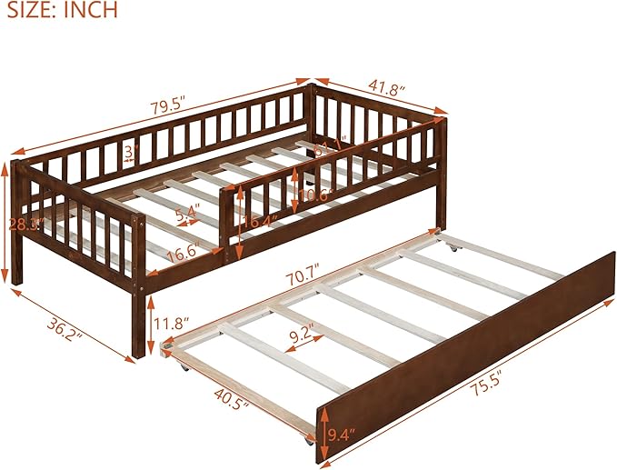 Bellemave Twin Bed Frames with Rails for Kids, Twin daybed Frame with Trundle for Boys/Girls/Adults， Walnut