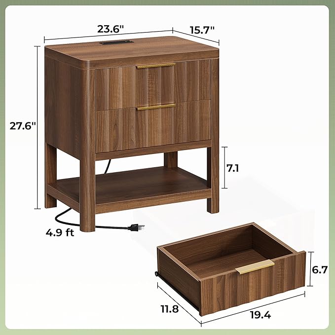 Huuger 27.6 Inch Tall Night Stand with Charger Station, USB-C Port, Fluted Nightstand with 2 Deep Drawers, Larger Wider Bed Side Table with Open Shelf, Bedroom Living Room End Table, Walnut