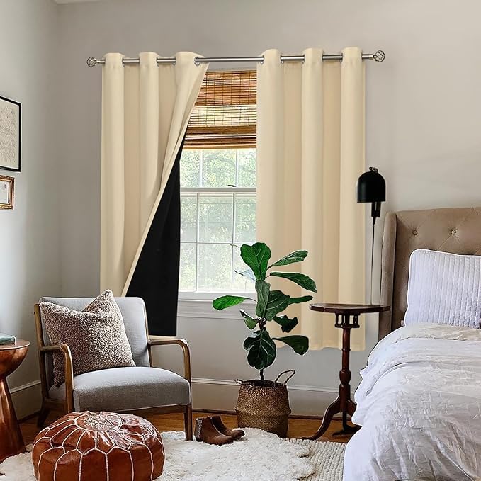 BGment Thermal Insulated 100% Blackout Curtains for Bedroom with Black Liner, Double Layer Full Room Darkening Noise Reducing Grommet Curtain (42 x 63 Inch, Natural, 2 Panels)
